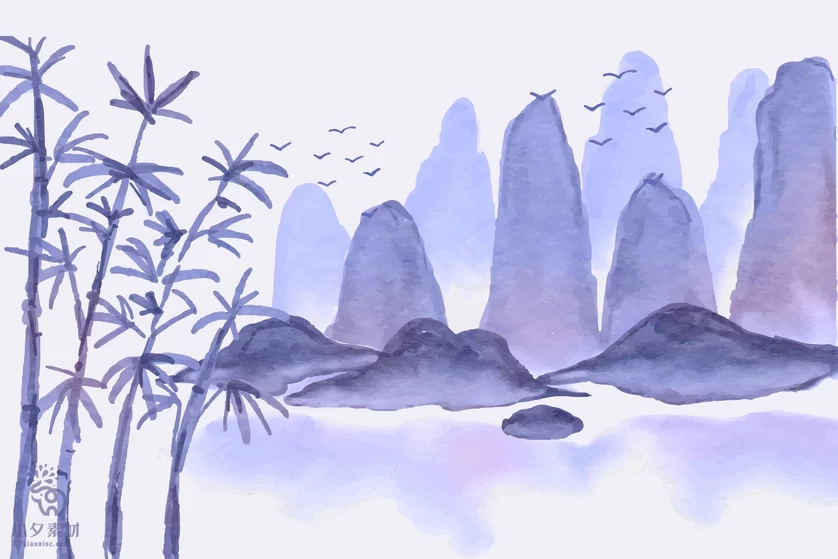 中国风中式禅意水彩水墨山水风景国画背景图案插画AI矢量设计素材【027】